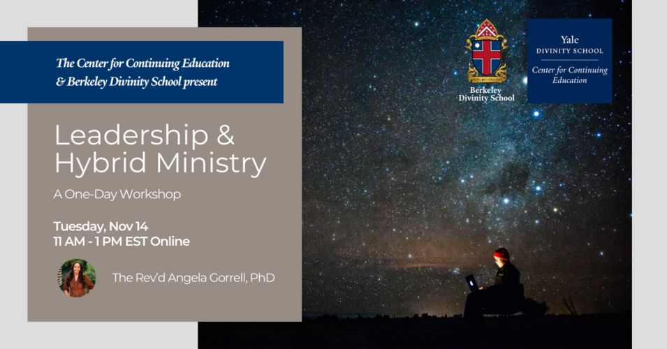 Leadership and Hybrid Ministry poster with picture of person on laptop under a starry sky