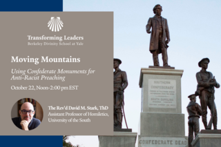 four Confederate monuments on pedestals accompanied by event information