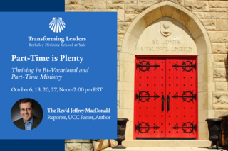 A photo of a red church door on a tan stone church building is accompanied by the event title.