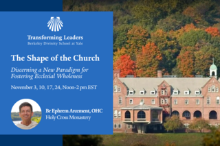 a monastery with bright foliage in the background accompanied by the event information