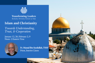 the domes of a mosque and church accompanied by event information