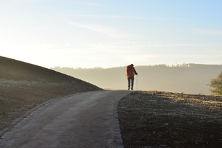 a hiker journeys along a road with their gear