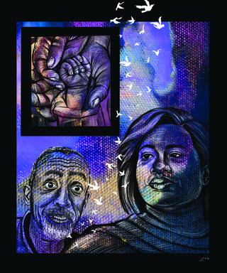 “Revelation” Acrylic painting on canvas with digital drawing by Lisle Gwynn Garrity, inspired by Luke 2:21-38. sanctifiedart.org