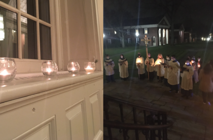 Candles are lit indoors and outdoors during Lessons and Carols